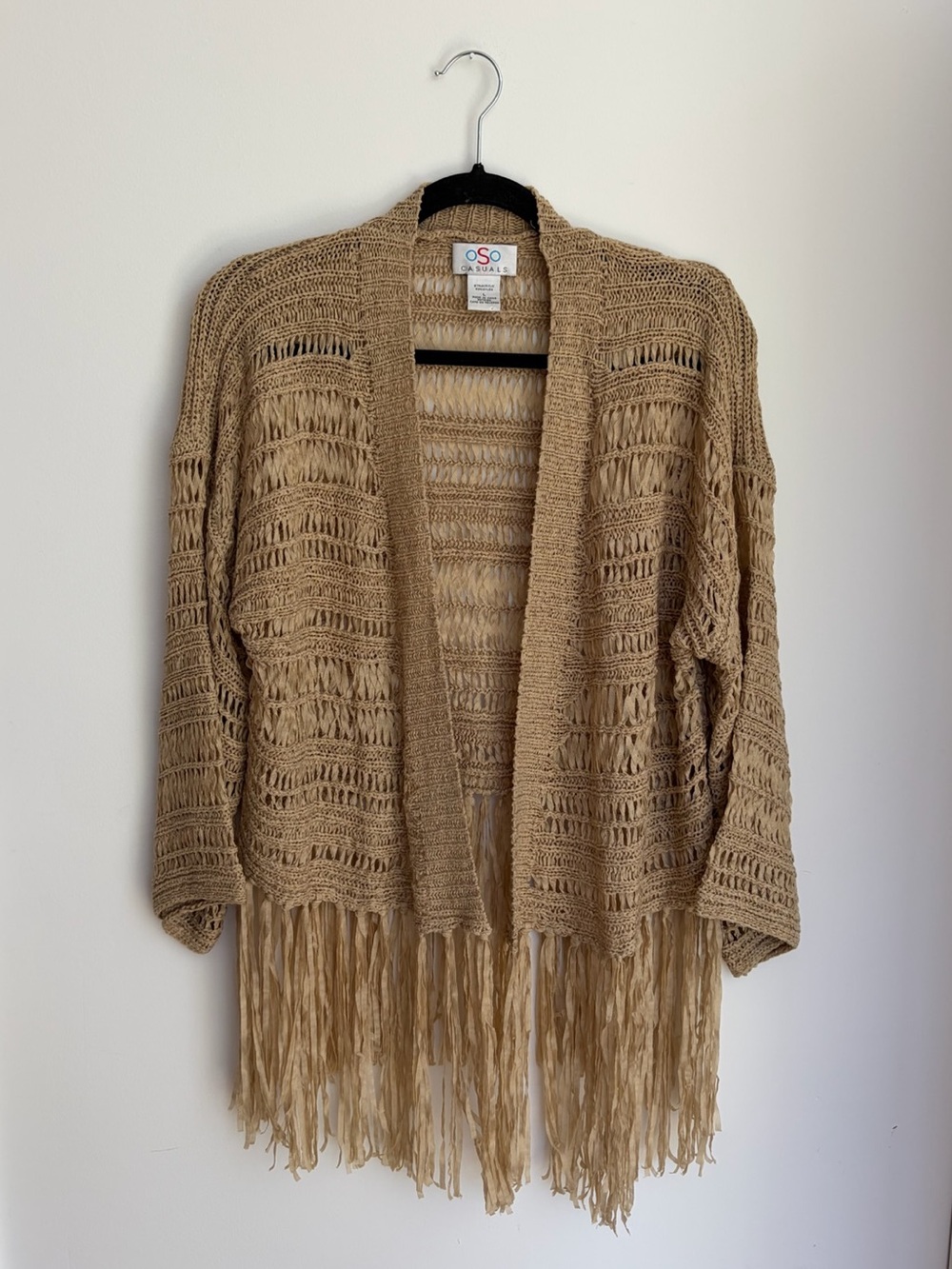 Beige Open Knit Fringe Cardigan Size L Boho Festival